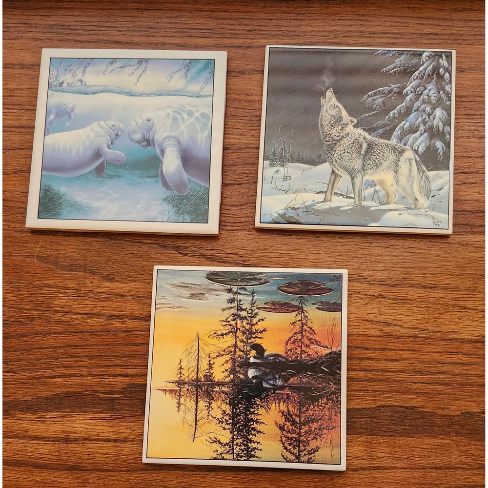 Vintage Wildlife Ceramic Art Tiles Lot 3 Cyndi Nelson Wolf Loon Sherry Vintson